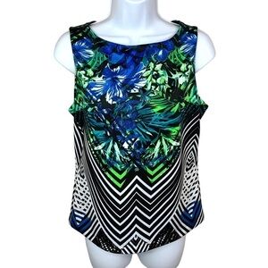 Bisou Bisou Blue Green Floral Tropical Sleeveless Blouse Top Stretch Colorful